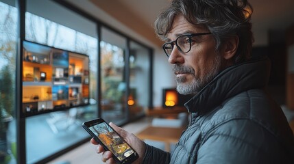 A homeowner using a smartphone to control their ho 0415 people, business, smiling, boy, men, woman, couple, person, restaurant, businessman, bar, indoors, smile, student, guy, handsome, drinking, lapt