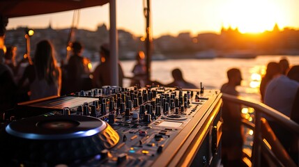 A lively DJ set party on a boat, featuring house and down-tempo music. The scene captures the DJ performing with their equipment, surrounded by a vibrant crowd enjoying the music and the unique atmosp