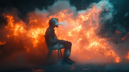 Obraz premium A man sitting on a chair struggling to breathe due 0397 sunset, silhouette, sky, woman, sun, sunrise, nature, people, person, clouds, freedom, summer, beauty, night, body, orange, beach, shadow, dusk,