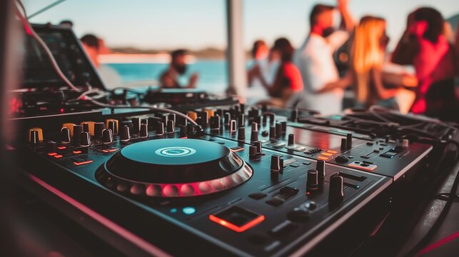 A lively DJ set party on a boat, featuring house and down-tempo music. The scene captures the DJ performing with their equipment, surrounded by a vibrant crowd enjoying the music and the unique atmosp