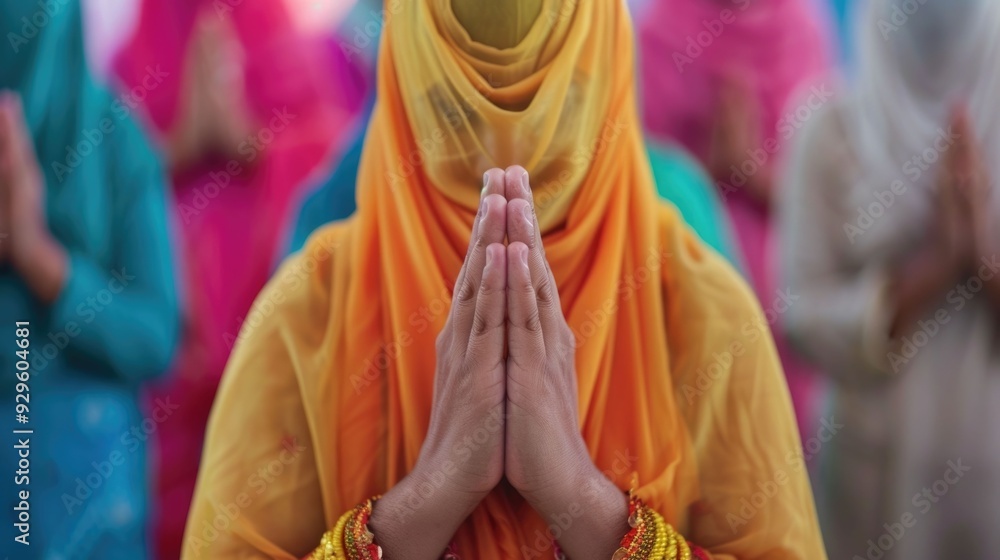 Poster diverse religious practices and beliefs shown in harmonious spiritual contemplation with a blurred d