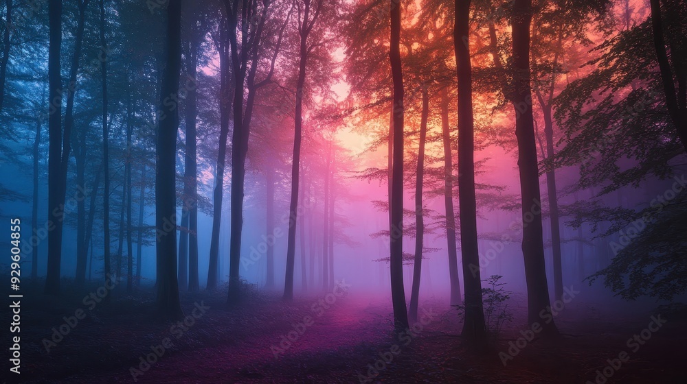 Poster a mystical forest scene with vibrant colors and fog creating a serene atmosphere.