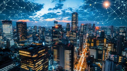 Obraz premium A vibrant city skyline at dusk with a network overlay, symbolizing connectivity and technology.