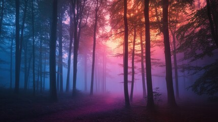 A mystical forest scene with vibrant colors and fog creating a serene atmosphere.