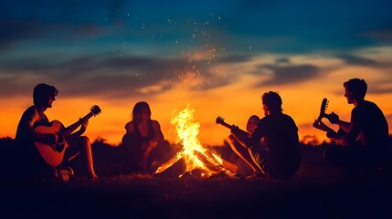 Silhouettes of people having fun around a bonfire