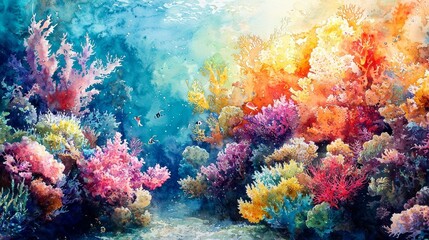 Obraz premium Watercolor coral garden teeming with life, with bright, vibrant colors and soft edges.