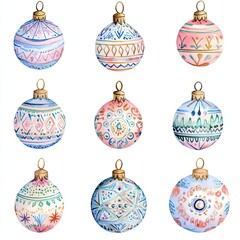 Nine Watercolor Painted Christmas Ornaments with Various Patterns