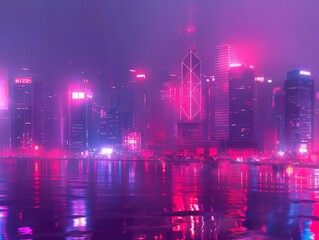 Fototapeta premium Futuristic city skyline illuminated by vibrant neon pink and purple lights reflecting on wet ground during a foggy night.