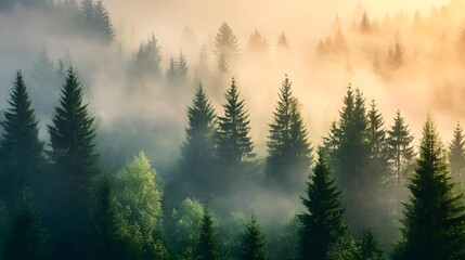 Spruce forest on the hill in morning haze