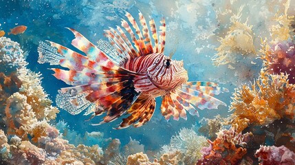 Watercolor lionfish with flowing, vibrant fins, swimming in a coral reef.
