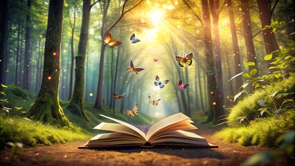 Open book with flying butterflies in magical forest setting, perfect for fairy tale concept