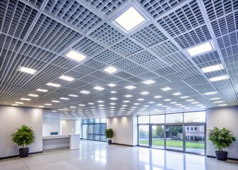 Modern office interior with white acoustic gypsum plasterboard ceiling in perspective, featuring a grid structure suspended with fluorescent panel lights.