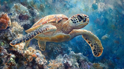 Obraz premium Watercolor sea turtle swimming gracefully among coral reefs, with soft blues.