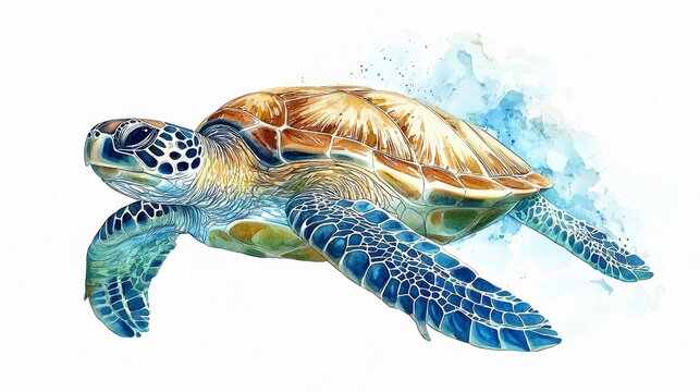 Watercolor sea turtle gracefully swimming through clear blue water, with smooth, fluid lines.