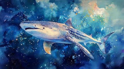 Watercolor whale shark cruising through deep blue waters, with gentle hues.