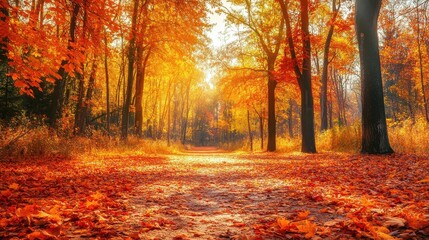 A serene autumn forest path lined with vibrant orange and yellow leaves.