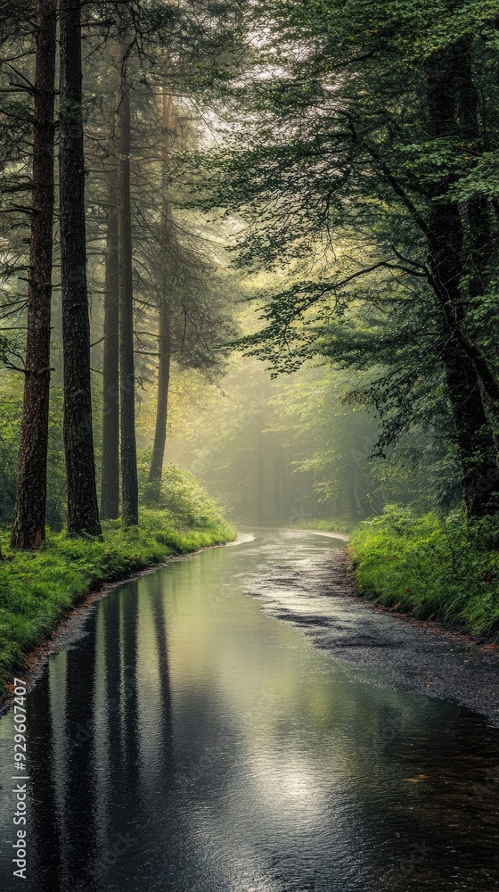 Aufkleber serene forest landscape with a tranquil stream reflecting lush greenery and soft light, creating a p