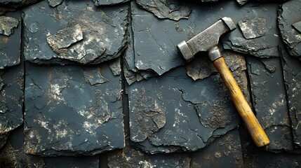 Damaged roof shingles with visible hail dents, surrounded by repair tools like a hammer and nails, on a bright sunny day, realistic, detailed textures, warm tones