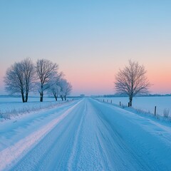 Obraz premium A serene winter landscape featuring a snow-covered road lined with bare trees under a pastel sky at dawn.