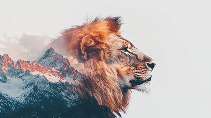 Naklejka premium A stunning double exposure image blending a lion with a majestic mountain, combining natural scenery with wildlife photography. The highly detailed composition integrates vibrant graffiti elements
