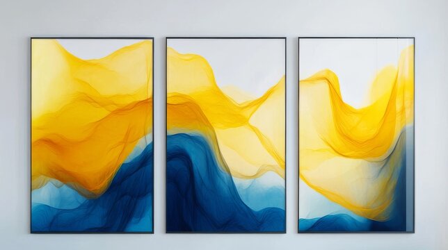 abstract background with waves， A set of three abstract modern wall art panels with flowing yellow and blue designs 