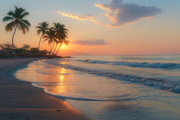 Tropical Serenity: Palm Trees and Waves at Sunset on a Beautiful Beach