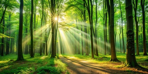 A mesmerizing forest scene with sunlight filtering through tall trees, illuminating green leaves on the ground, creating an enchanting atmosphere
