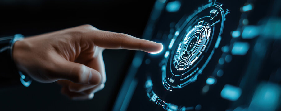 A hand pointing at a blue circle on a screen