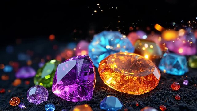 Colorful gemstones sparkle against a dark background. Vibrant crystals catch light, creating a magical atmosphere with dancing sparkles and light flares.	