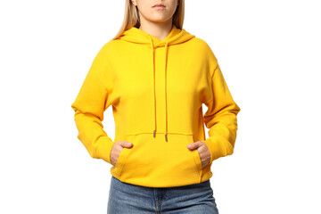 PNG, A young woman in a yellow hooded sweatshirt, isolated on white background