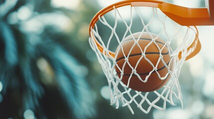 A basketball swishes through the net during an outdoor game in a sunny park setting.