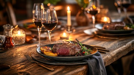 A steak luxury dinner setup on a rustic wooden table, complete with wine glasses, candles, and a vintage tablecloth.