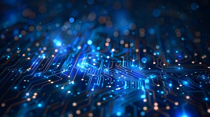 A vibrant digital circuit board with glowing lights and intricate patterns.