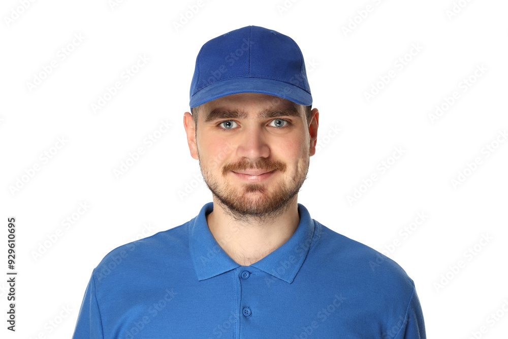 Sticker PNG,A guy in a blue T-shirt and a cap, isolated on white background