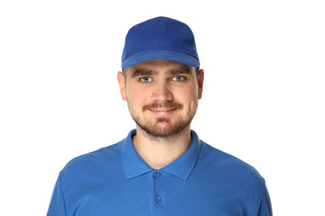 PNG,A guy in a blue T-shirt and a cap, isolated on white background