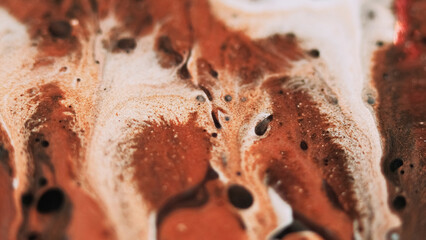 Glitter fluid spill. Ink drip. Defocused bronze white black color shimmering texture gel emulsion drop wave abstract art background.
