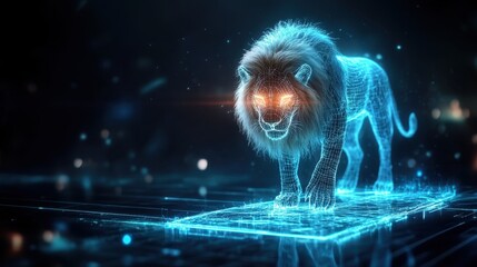 Majestic Lion in Virtual Reality World with Glowing Claws and Eyes on Floating Platform - Futuristic Fantasy Concept with Copy Space