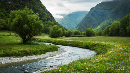 lush green mountains with thin mist covering the mountains in the background. The misty atmosphere provides a calm and peaceful atmosphere, a small river adds coolness to the eyes of those who see it.