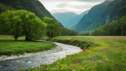 lush green mountains with thin mist covering the mountains in the background. The misty atmosphere provides a calm and peaceful atmosphere, a small river adds coolness to the eyes of those who see it.