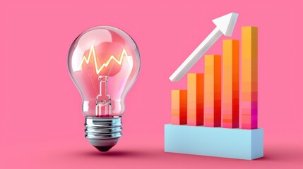 Bright Idea, Big Growth: A glowing light bulb illuminates a vibrant upward trending bar graph on a pink background, symbolizing the power of innovation for business success. 