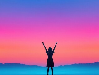 Obraz premium Silhouette of a person standing with arms raised, reaching for celestial peace and aspiration, Aspiration Peace Celestial, Uplifted serenity