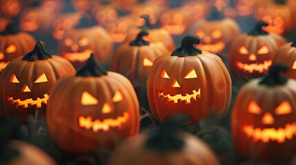 Fototapeta premium A vibrant display of glowing jack-o'-lanterns in a pumpkin patch for Halloween.