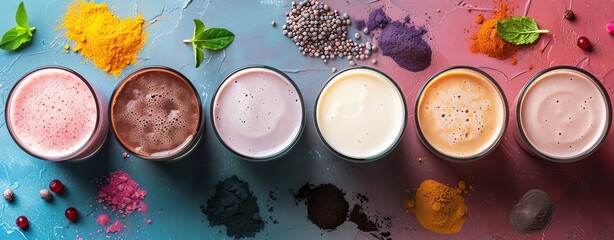 Protein shakes with various flavors on a colorful background