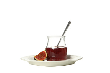 PNG, Fig jam in jar with spoon and piece of figs on plate, isolated on white background