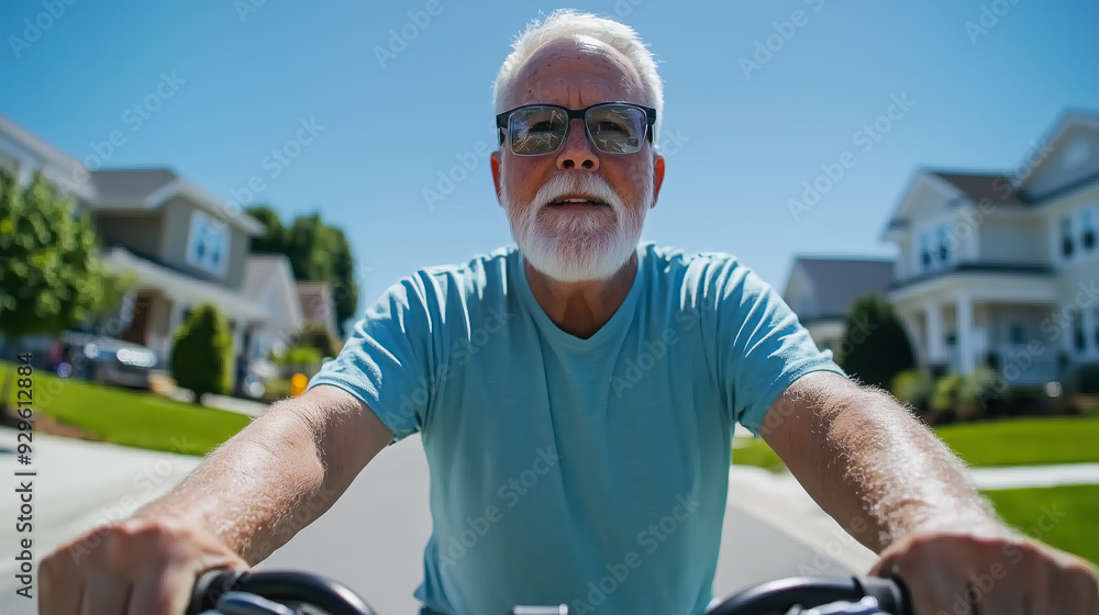 Wall mural senior man riding bicycle in suburban neighborhood, joyful, summer day