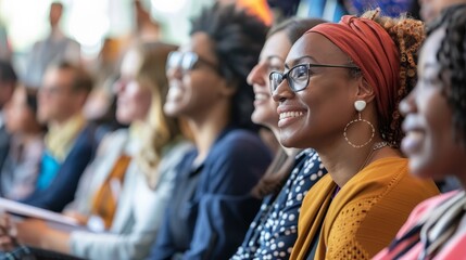 Group of diverse individuals at a conference on diversity and inclusion in the workplace
