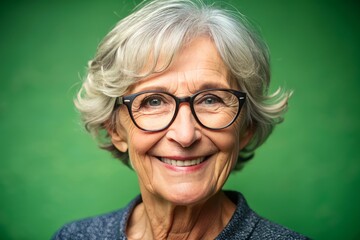 Fototapeta premium Portrait of smiling senior woman in eyeglasses against green background