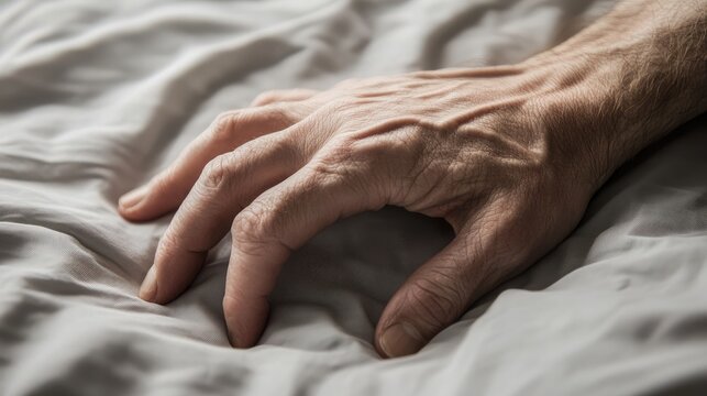 A close-up of a hand gripping a bed sheet tightly, veins prominent, expressing acute pain and discomfort, [pain, discomfort, acute], [intense suffering]