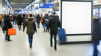 blank ad board stands in a busy shopping center or business mall, ready for customization or promotional content, surrounded by bustling shoppers and modern retail elements