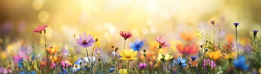 A vibrant field of colorful flowers under a warm, glowing backdrop.